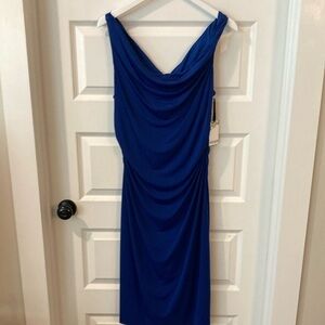 Kensie Blue Ruched Cowl Neck Sheath Dress